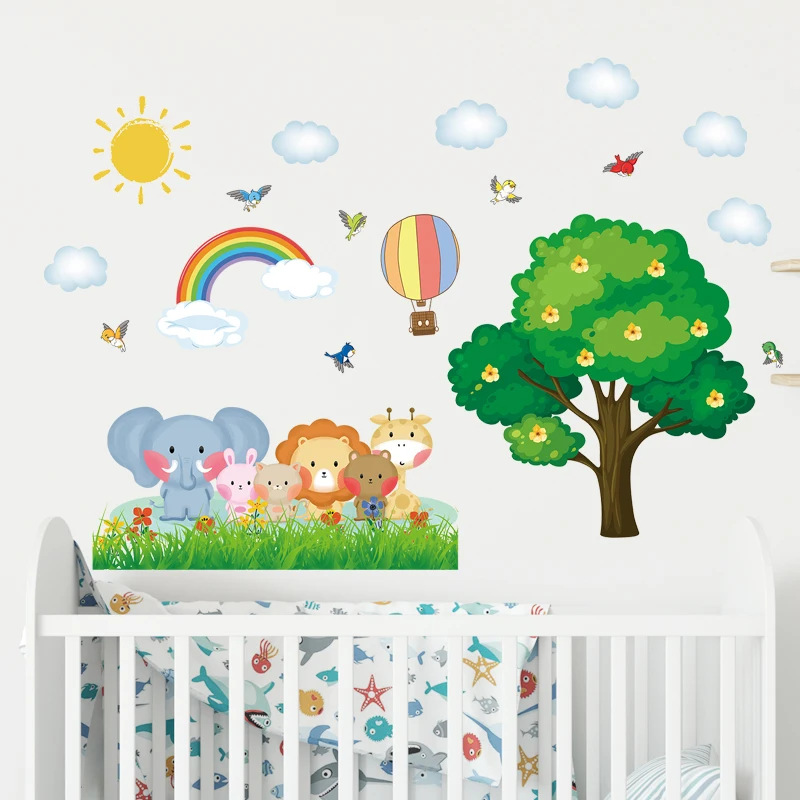 Мультяшные животные, Дерево, радужные облака, Солнечные наклейки на стены для детской комнаты, наклейки на стены детской, Декоративные наклейки для дома, обои