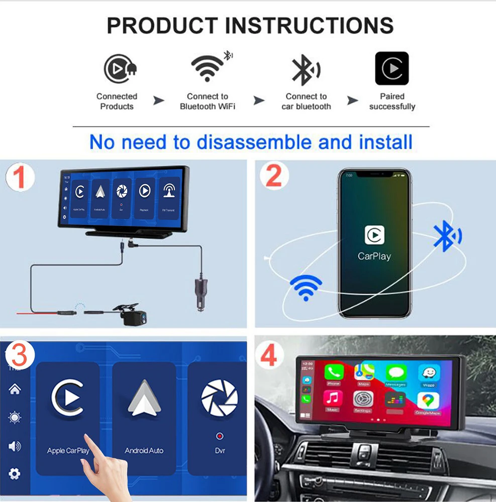Автомобильный Портативный Беспроводной Apple CarPlay Android с сенсорным экраном 10,26 дюйма, Android, автомагнитола, мультимедиа, GPS, видеорегистратор с двумя объективами, стерео 1080P