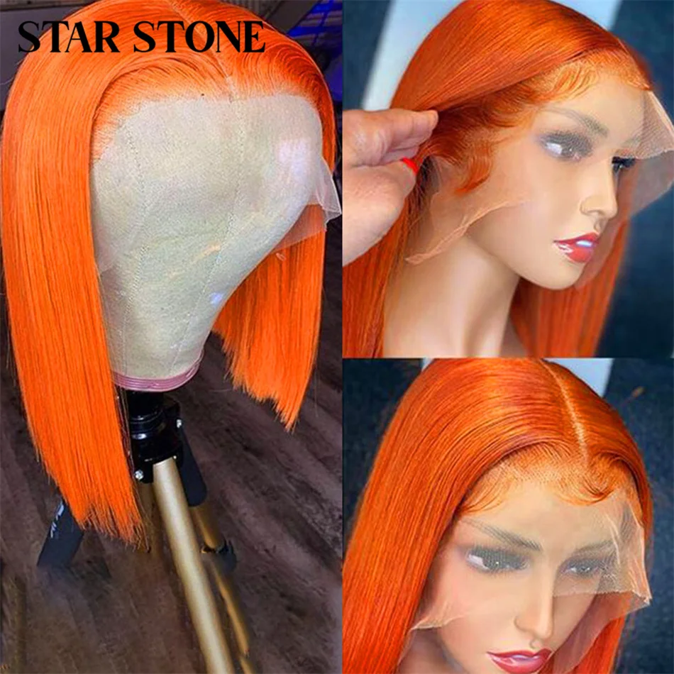 Короткий Боб цвета Омбре 1B/Оранжевый Парик из человеческих волос на кружеве, Прямой Бразильский Парик Remy на кружеве для женщин, Бесклеевой парик с закрытием шнурка