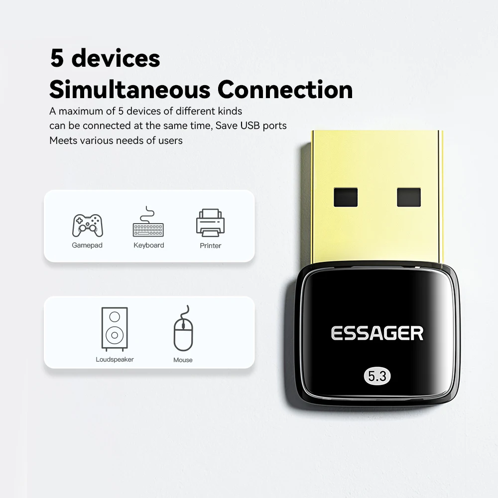 Essager Bluetooth 5.3 USB Адаптер Ключ для ПК Ноутбук Динамик Беспроводная мышь Клавиатура Передатчик Приемник