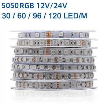 12V 24VDC 5m 5050 RGB светодиодная лента 30LED/m 60LED/m 96LED/m 120LED/m SMD Гибкая светодиодная лента 8 мм 10 мм PCB IP20 65 для Украшения