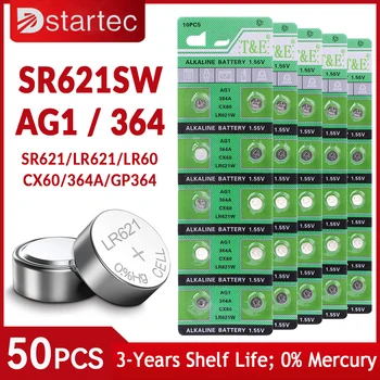 DStartec 50ШТ AG1 Монета Батарея LR621 364 Кнопочная Ячейка Монета Щелочная Батарея 1,55 В SR621SW 364A L621 для Часов Игрушки Без Ртути