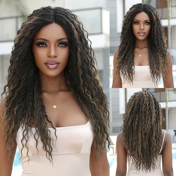 Длинный афро-кудрявый синтетический парик с кружевом спереди, натуральный волосяной покров, Черно-коричневый Блондинистый Смешанный парик для женщин из термостойкого волокна