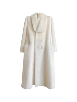 Зимнее длинное шерстяное пальто 2023, женское белое длинное шерстяное пальто