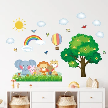 Мультяшные животные, Дерево, радужные облака, Солнечные наклейки на стены для детской комнаты, наклейки на стены детской, Декоративные наклейки для дома, обои
