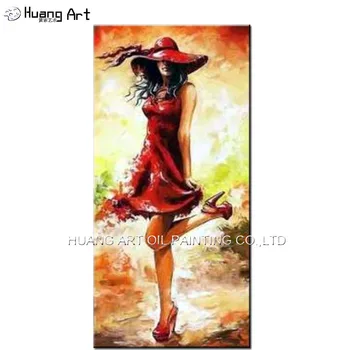 Профессиональный художник ручной работы Изящная красивая женская одежда Красная юбка и шляпа Картина маслом на холсте Художественное впечатление Портретная краска