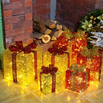 Рождественская подарочная коробка, лампа из трех предметов с батарейным отсеком, Праздничная гирлянда, Теплый белый Рождественский светодиодный декор из кованого железа, Сцена