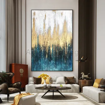 Современная абстрактная акриловая картина маслом ручной работы, сине-белое золотое полотно, настенная художественная картина для украшения дома в гостиной