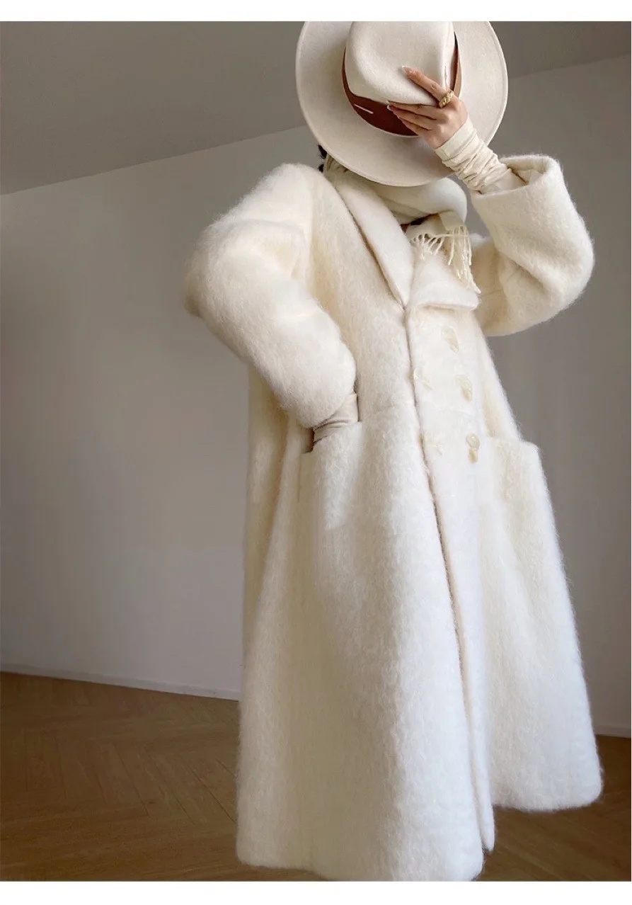 Зимнее длинное шерстяное пальто 2023, женское белое длинное шерстяное пальто