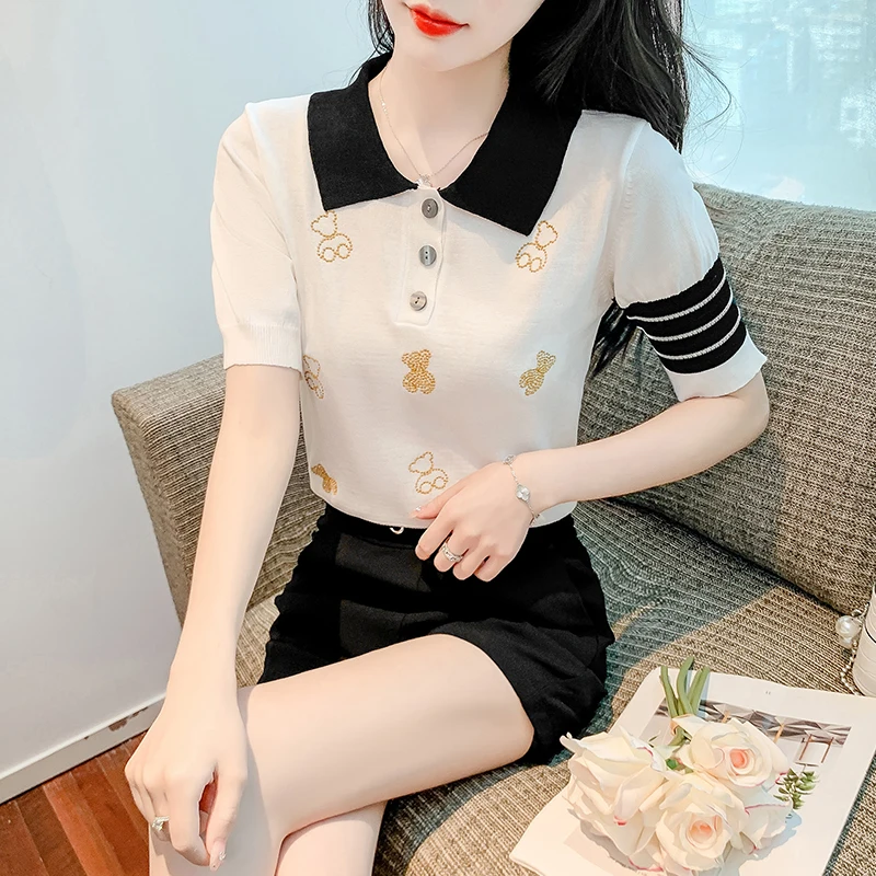 Женский свитер, корейский модный пуловер, вязаный летний трикотаж, корейская одежда с коротким рукавом, белый 2023, Дешевая женская одежда оптом
