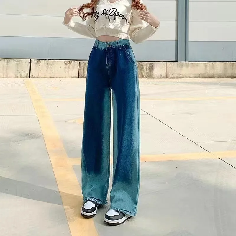 Модные ретро Полосатые Зеленые женские джинсы 2023, Новые летние корейские Повседневные прямые брюки Harajuku с высокой талией, Уличные