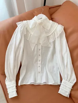 2022 Ранняя осень Женская льняная блузка с оборками и бантом на шее, Однобортная белая рубашка