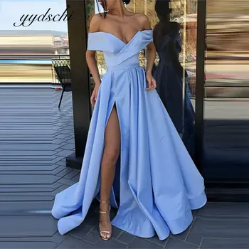 2022 Синие Элегантные платья для выпускного вечера для женщин с открытыми плечами, вечернее платье Vestidos Para Bodas Mujer Invitada Платье в складку