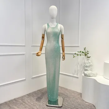 2023 Высококачественное Светло-Зеленое Облегающее платье из сетки с блестящими кристаллами, без рукавов, с Бриллиантами, Гладкое Длинное Платье с вырезом на спине