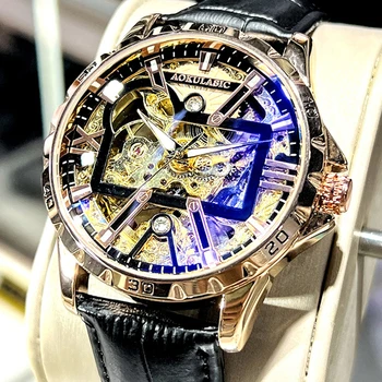 AOKULASIC Лидирующий бренд, мужские часы со скелетоном, автоматические механические мужские водонепроницаемые часы, Мужские спортивные часы с кожаным ремешком, роскошные часы