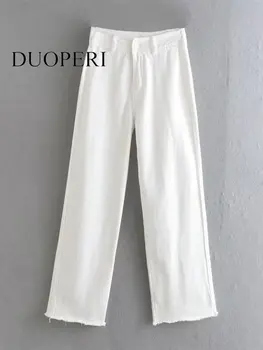 DUOPERI, Женские Модные Белые Прямые брюки на молнии спереди, Винтажные, с высокой талией, полной длины, Шикарные Женские Брюки