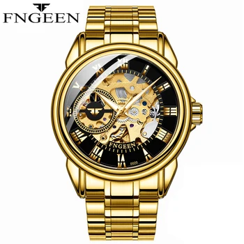 FNGEEN Лучший бренд класса Люкс Механические часы со скелетом для мужчин, золотой ремешок из нержавеющей стали, светящиеся стрелки, полые мужские часы