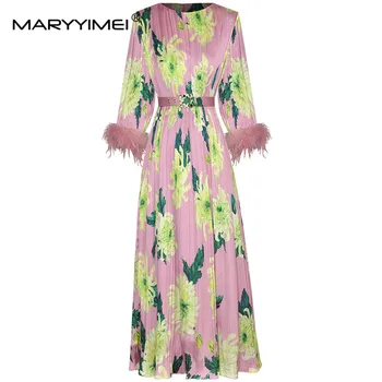 MARYYIMEI, модное платье для подиума, осеннее женское платье с круглым вырезом, рукав три четверти, розовые плиссированные платья с кисточками и цветочным принтом