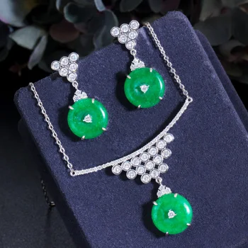 ThreeGraces, новые модные серьги и ожерелье с зеленым кубическим цирконием, набор для женщин, модные украшения для летних вечеринок JS606