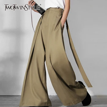 TWOTWINSTYLE Темперамент, Корейские модные Женские брюки с высокой талией, полная длина, Прямые Широкие брюки, Женский Осенний стиль 2021