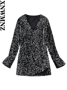 XNWMNZ/ Женская мода 2023, платье с V-образным вырезом и блестками, Женское праздничное платье с длинным рукавом, Универсальные женские Шикарные мини-платья