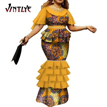 Африканские платья для женщин Bazin Riche, Традиционный африканский восковой принт, Длинные платья Русалки, женская одежда с уникальным рукавом WY7115