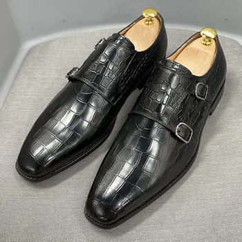 Большой Размер 12 Мужские модельные туфли с монашеским ремешком из натуральной кожи класса Люкс с принтом крокодиловой кожи, Двойные пряжки, свадебные туфли с острым носком для мужчин