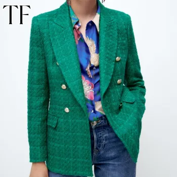 Весенние блейзеры 2023 для женщин, Модная Текстурная Блейзерская одежда, Винтажная Верхняя одежда с длинными рукавами, V-образный вырез, карман, Шикарные зеленые пальто