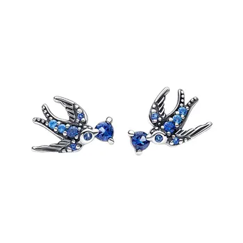 Весенняя Ласточка, серьги-гвоздики для пирсинга ушей, ювелирные изделия из стерлингового серебра 925 пробы, Микрошарики, Рифленые перья, Голубые кристаллы