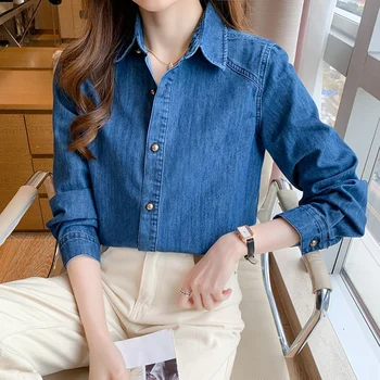 Весенняя Модная однобортная объемная корейская универсальная джинсовая рубашка Синего цвета с длинными рукавами Для женщин Z164