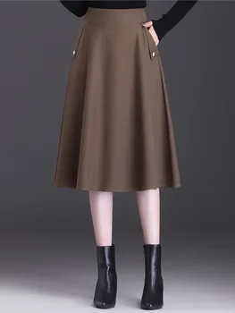 Высококачественная однотонная костюмная юбка для женщин, Весна-Осень, Эластичная Высокая талия, Карман средней длины, Простая офисная женская юбка