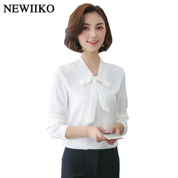 Демисезонный, женский базовый стиль, повседневные рубашки с длинными рукавами, однотонный бант, V-образный вырез, свободная блузка большого размера, офисные женские шифоновые топы