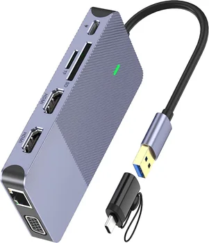 Док-станция 11 в 1 Концентратор Type C с тройным дисплеем, двойной адаптер HDMI USB 3.0 VGA, совместимый с док-станцией MacBook USB-серый