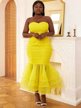 Желтое вечернее платье без бретелек, Кружевное, в стиле пэчворк, облегающее, с высокой талией, большого размера, коктейльное, Миди, наряды для гостей на свадьбу для женщин