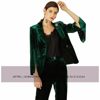 Женская бархатная деловая Приталенная рабочая одежда с заостренным отворотом, Теплый Блейзер + брюки из 2 предметов