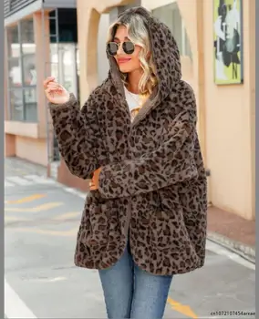 Женская куртка из искусственного меха с леопардовым принтом, жилет с длинным рукавом, Утепленная меховая куртка из искусственного меха, пальто, Верхняя одежда с капюшоном