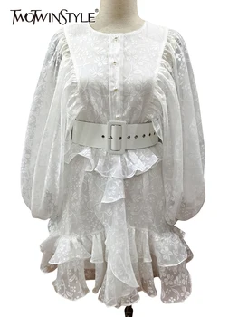 Женское мини-платье TWOTWINSTYLE с винтажным принтом, круглый вырез, длинный рукав, лоскутные пояса, высокая талия, Женские повседневные платья в стиле кэжуал