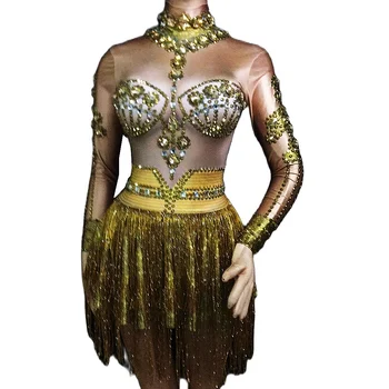 Женское Мини-платье с блестящими стразами, С длинным рукавом, с золотой блестящей бахромой, платье для вечеринки, костюм певицы ночного клуба, одежда для танцев, Одежда для сцены