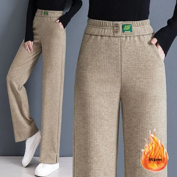 Зимние Прямые брюки с флисовой подкладкой, женские брюки с буквенным принтом, Бархатные вельветовые мешковатые брюки, корейские панталоны большого размера с высокой талией