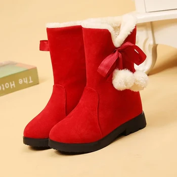 Зимние сапоги для девочек, теплые плюшевые рождественские красные сапоги, Милая детская хлопчатобумажная обувь с мехом, нескользящие резиновые зимние сапоги для студентов