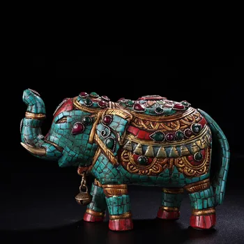 Коллекция Тибетского храма 8 дюймов, Старинный бронзовый контур с золотой мозаикой, драгоценный камень, статуя слона, Тайпинский слон, собирающий удачу