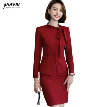 Красные костюмы Для женщин, Новая деловая мода, Темпераментный дизайн с бантом, Формальный Блейзер и юбка с длинным рукавом, Офисная женская рабочая одежда