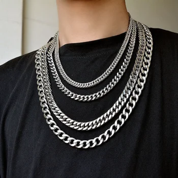 Кубинские ожерелья из нержавеющей стали для женщин и Мужчин, Длинная цепочка в стиле хип-хоп, ожерелье, воротник, Серебряная Модная пара ювелирных изделий