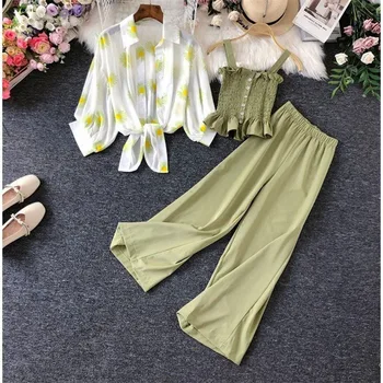 Модный костюм, комплект из трех предметов, женские летние топы, защита от солнца, Шифоновая блузка, Пальто + Жилет + Широкие длинные брюки, новая мода 2021