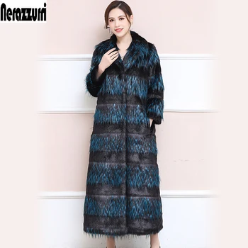 Нерадзурри зимнее Мохнатое женское длинное пальто из искусственного меха, толстое теплое пушистое пальто с зубчатым отворотом, стильная европейская мода 2021
