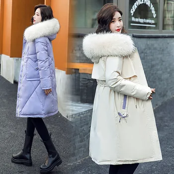 Новая зимняя куртка Женская Двусторонняя контрастного цвета Parker, толстая теплая пуховая хлопчатобумажная куртка с капюшоном, Длинное базовое пальто, женская верхняя одежда