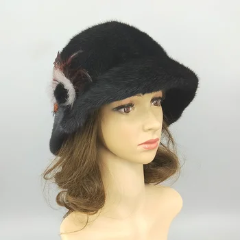 Новая зимняя норковая шапка, Женская теплая шапка с большими полями, Цельный мех норки, Корейская версия, Модный цилиндр с цветком