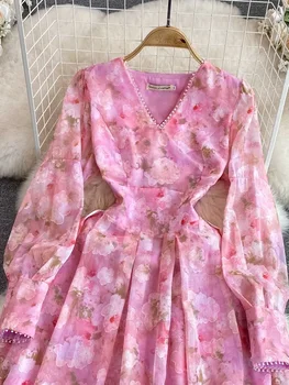 Новое Темпераментное Розовое платье с французским цветком, Женское Платье С Длинным рукавом-фонариком, V-образным вырезом, открытой спиной, высокой талией, Шифоновое Платье для пляжной вечеринки
