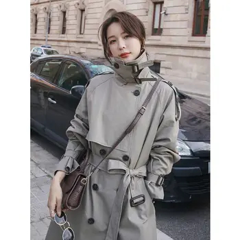 Осенняя женская ветровка средней длины, новое свободное пальто в корейском стиле, элегантное популярное маленькое пальто в британском стиле
