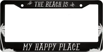 Пляж-мое счастливое место, алюминиевая рамка для номерного знака, пальма и летающие бабочки, применимо к стандартному автомобилю США, 1ШТ